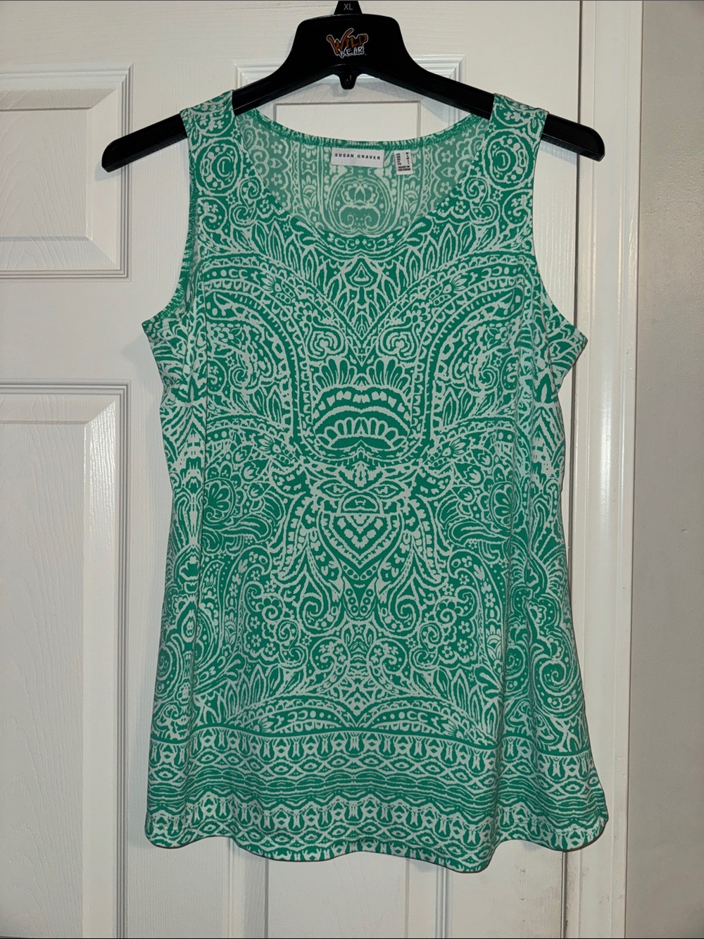 Susan Graver Teal and White Sleeveless Printed Shell Top